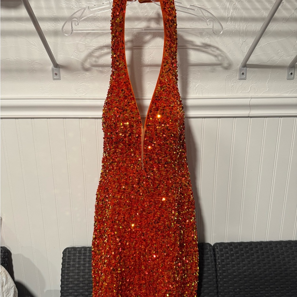 Elegant Orange Sequin Halter Dress